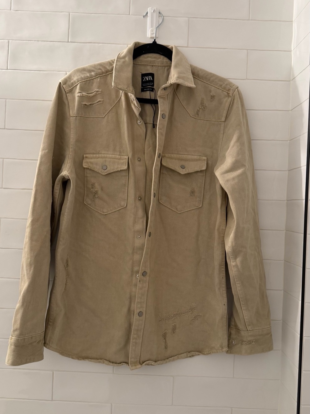 Zara Beige Distressed Lightweight Shirt Jacket
